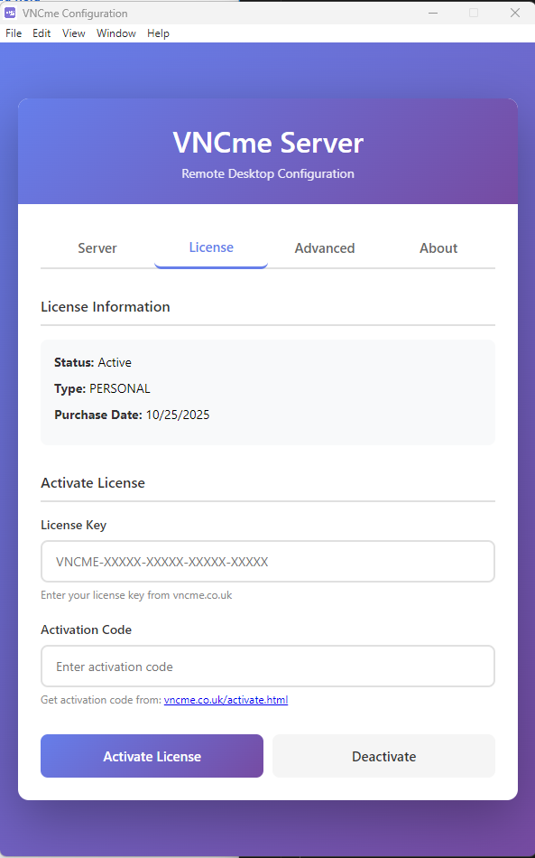 VNCme License Activation Screen