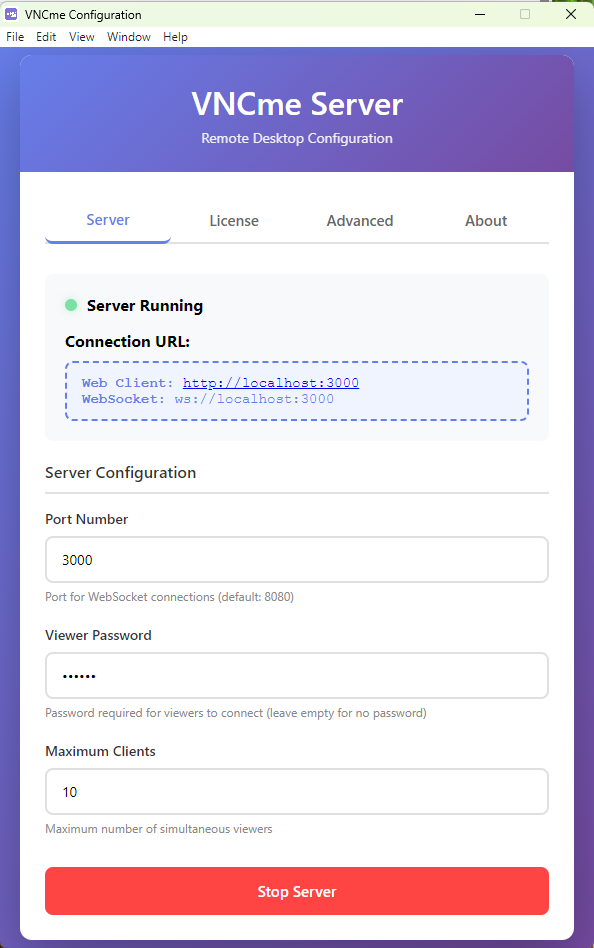 VNCme Server Interface - Remote Desktop Control Panel